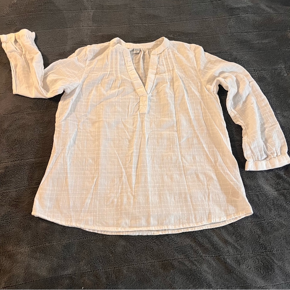 OLD NAVY White Textured Tunic Shirt Long Sleeve V Neck Cotton Women Medium M